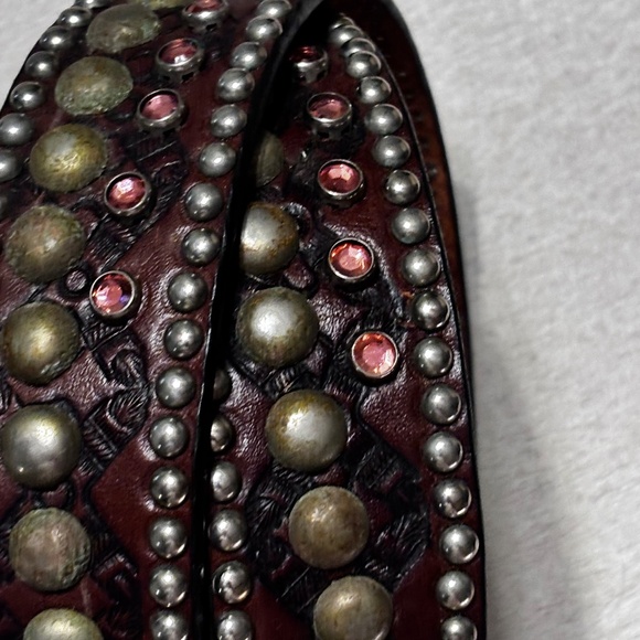 Leather Rock Studded Belt Brown with Pink Rhinestones Medium